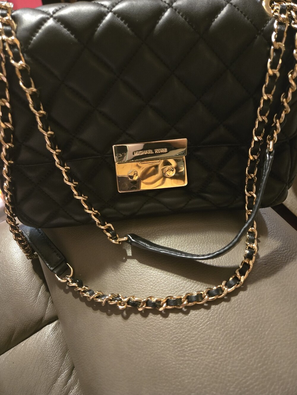 Michael Kors Black Quilted Crossbody Bag with Gold Chain